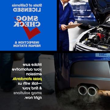 Smog Check advertisement with two photos of a car engine and exhaust with printed words: Make sure your automotive emission pass standards. Talk with us and find your smog solutions right now.